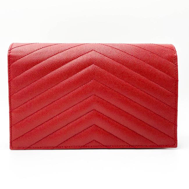 Saint Laurent Monogram Envelope Chain Wallet Grain De Poudre Matelasse Chevron Red Leather Shoulder Bag