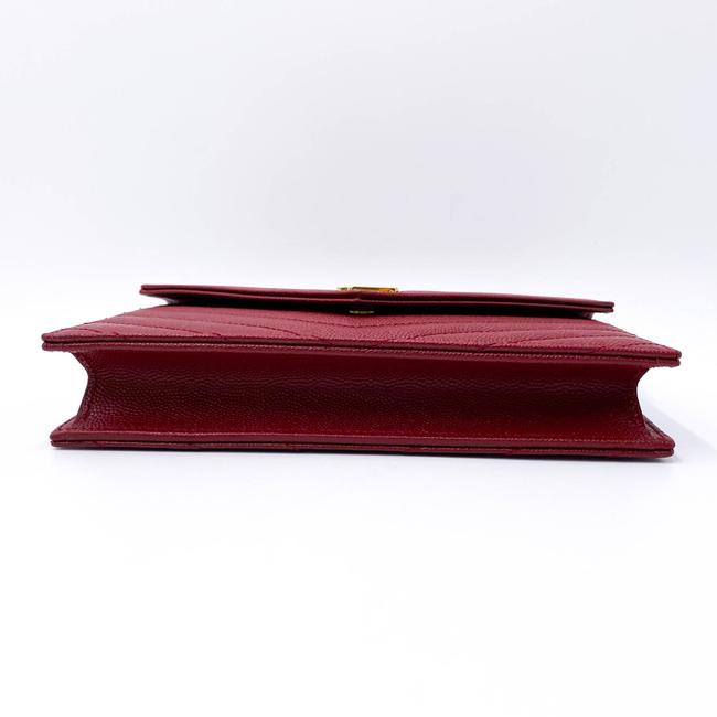 Saint Laurent Monogram Envelope Chain Wallet Grain De Poudre Matelasse Chevron Red Leather Shoulder Bag