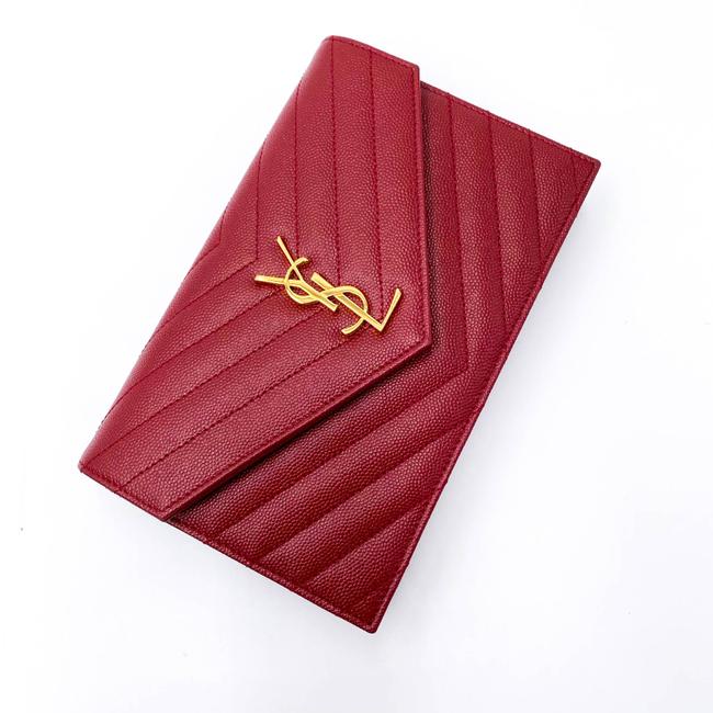 Saint Laurent Monogram Envelope Chain Wallet Grain De Poudre Matelasse Chevron Red Leather Shoulder Bag