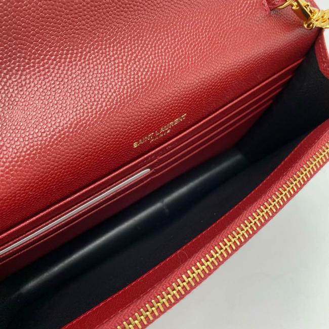 Saint Laurent Monogram Envelope Chain Wallet Grain De Poudre Matelasse Chevron Red Leather Shoulder Bag