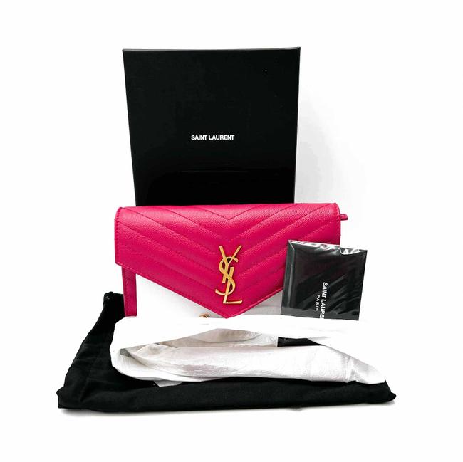 Saint Laurent Monogram Envelope Chain Wallet Grain De Poudre Matelasse Chevron Fresh Fuchsia Leather Shoulder Bag