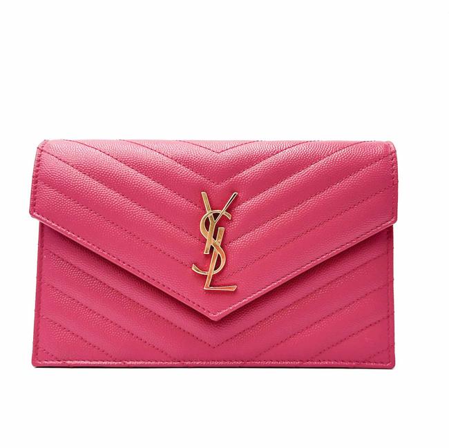 Saint Laurent Monogram Envelope Chain Wallet Grain De Poudre Matelasse Chevron Fresh Fuchsia Leather Shoulder Bag