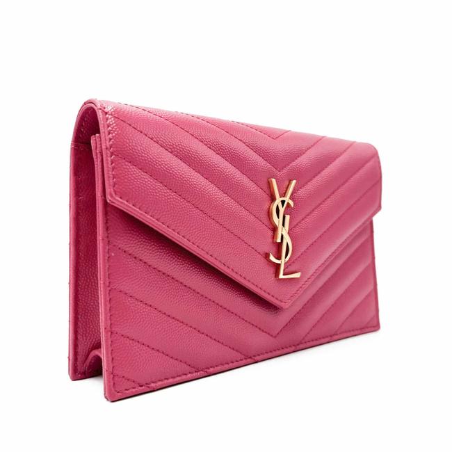 Saint Laurent Monogram Envelope Chain Wallet Grain De Poudre Matelasse Chevron Fresh Fuchsia Leather Shoulder Bag