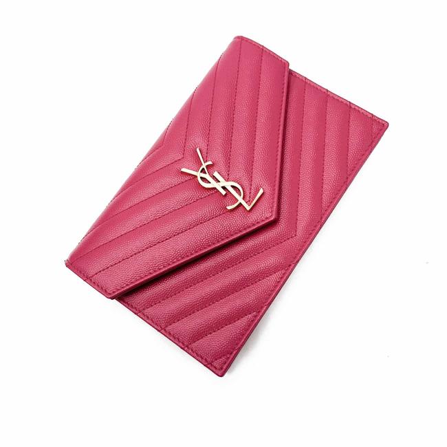 Saint Laurent Monogram Envelope Chain Wallet Grain De Poudre Matelasse Chevron Fresh Fuchsia Leather Shoulder Bag