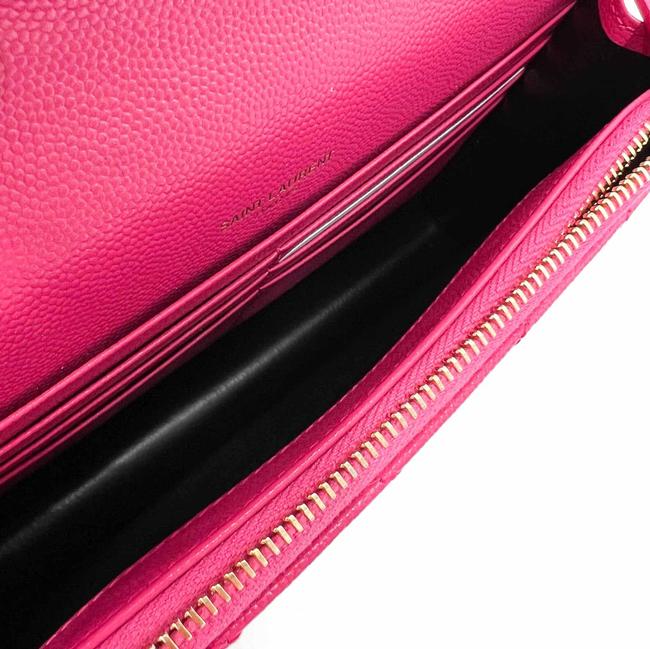 Saint Laurent Monogram Envelope Chain Wallet Grain De Poudre Matelasse Chevron Fresh Fuchsia Leather Shoulder Bag