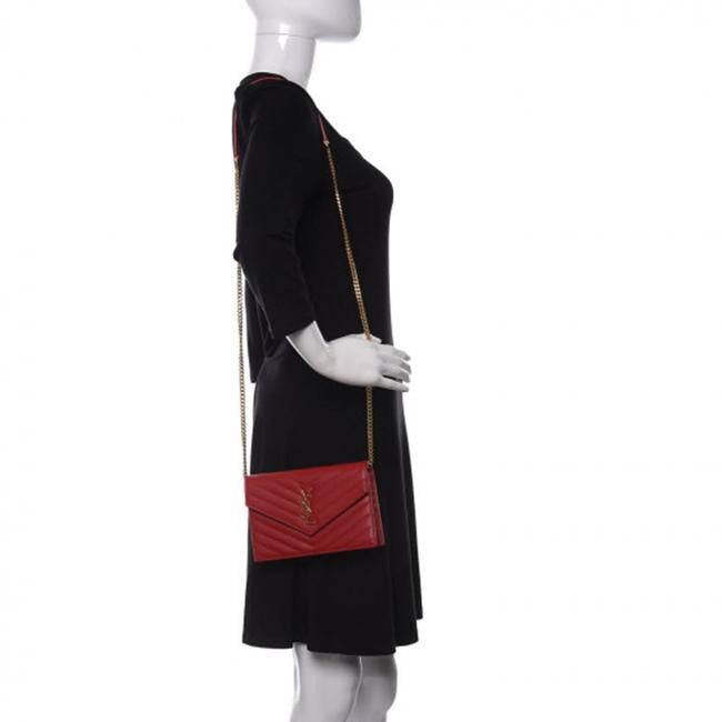 Saint Laurent Monogram Envelope Chain Wallet Chevron Red Leather Cross Body Bag