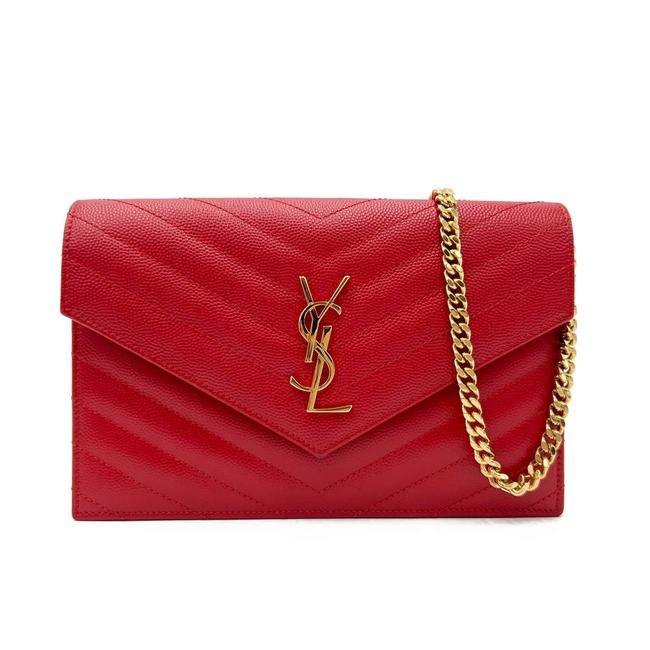 Saint Laurent Monogram Envelope Chain Wallet Chevron Red Leather Cross Body Bag