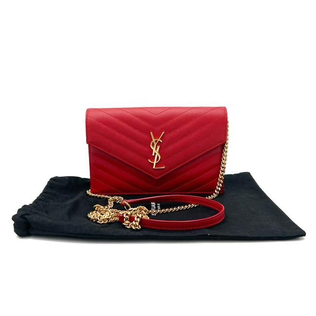 Saint Laurent Monogram Envelope Chain Wallet Chevron Red Leather Cross Body Bag