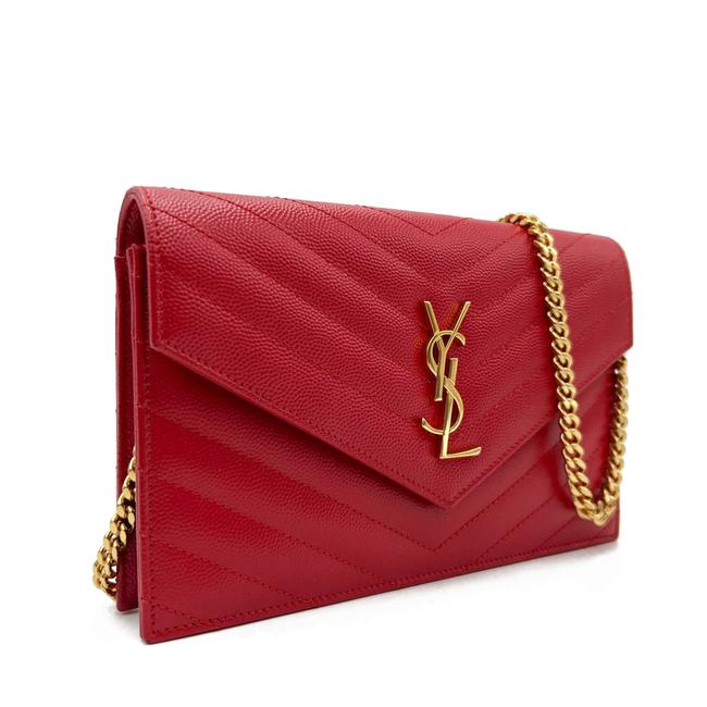 Saint Laurent Monogram Envelope Chain Wallet Chevron Red Leather Cross Body Bag