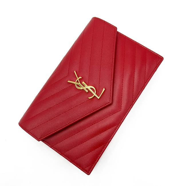 Saint Laurent Monogram Envelope Chain Wallet Chevron Red Leather Cross Body Bag