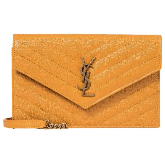 Saint Laurent Monogram Envelope Chain Wallet Grain De Poudre Matelasse Chevron Yellow Leather Shoulder Bag