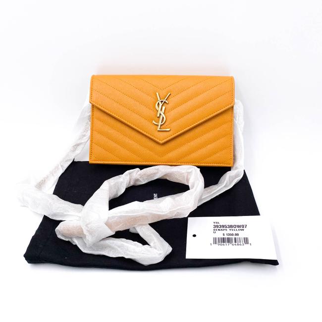 Saint Laurent Monogram Envelope Chain Wallet Grain De Poudre Matelasse Chevron Yellow Leather Shoulder Bag