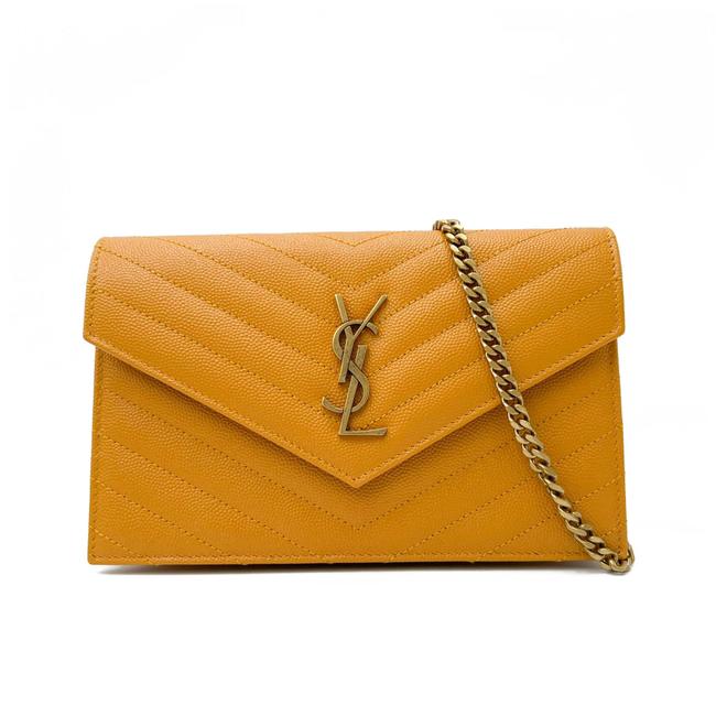 Saint Laurent Monogram Envelope Chain Wallet Grain De Poudre Matelasse Chevron Yellow Leather Shoulder Bag