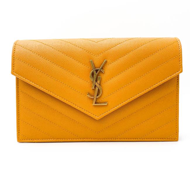 Saint Laurent Monogram Envelope Chain Wallet Grain De Poudre Matelasse Chevron Yellow Leather Shoulder Bag