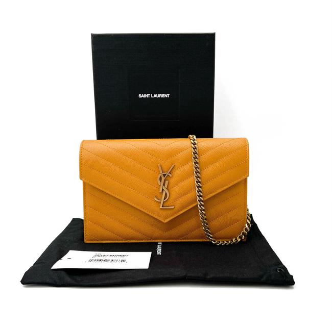 Saint Laurent Monogram Envelope Chain Wallet Grain De Poudre Matelasse Chevron Yellow Leather Shoulder Bag