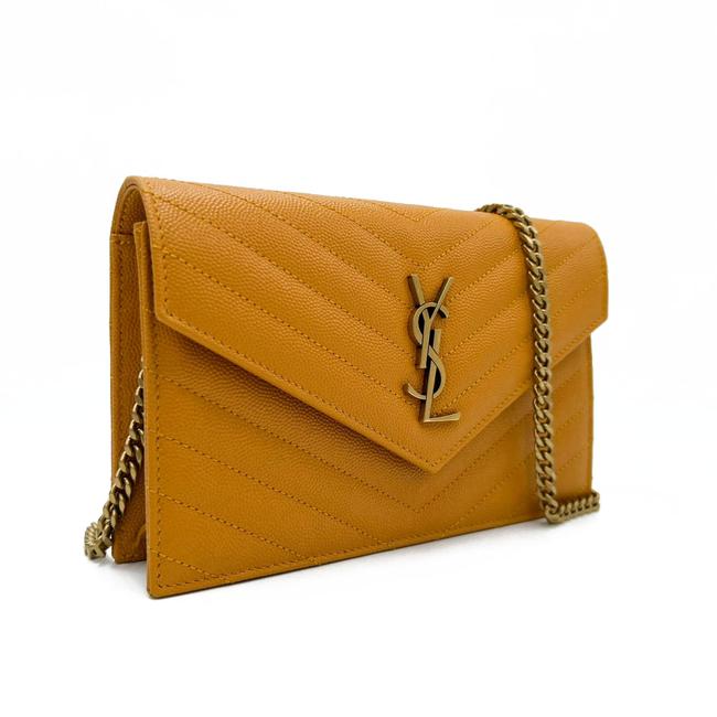 Saint Laurent Monogram Envelope Chain Wallet Grain De Poudre Matelasse Chevron Yellow Leather Shoulder Bag