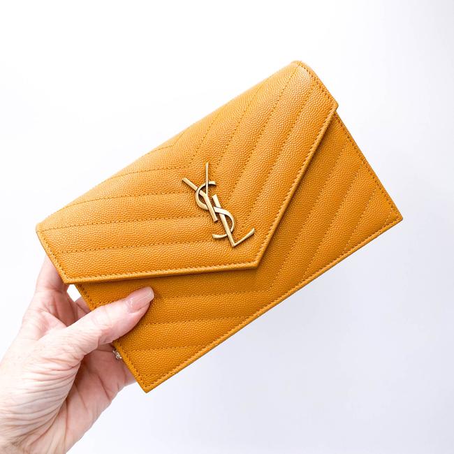 Saint Laurent Monogram Envelope Chain Wallet Grain De Poudre Matelasse Chevron Yellow Leather Shoulder Bag