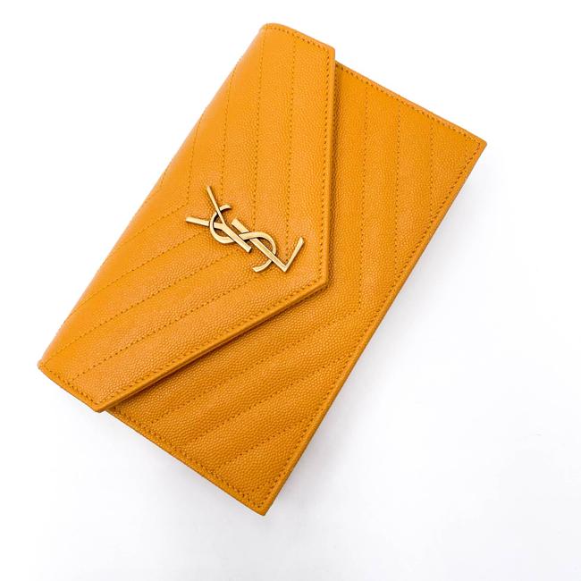 Saint Laurent Monogram Envelope Chain Wallet Grain De Poudre Matelasse Chevron Yellow Leather Shoulder Bag