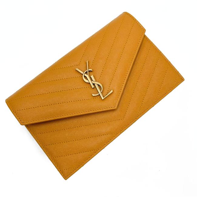 Saint Laurent Monogram Envelope Chain Wallet Grain De Poudre Matelasse Chevron Yellow Leather Shoulder Bag