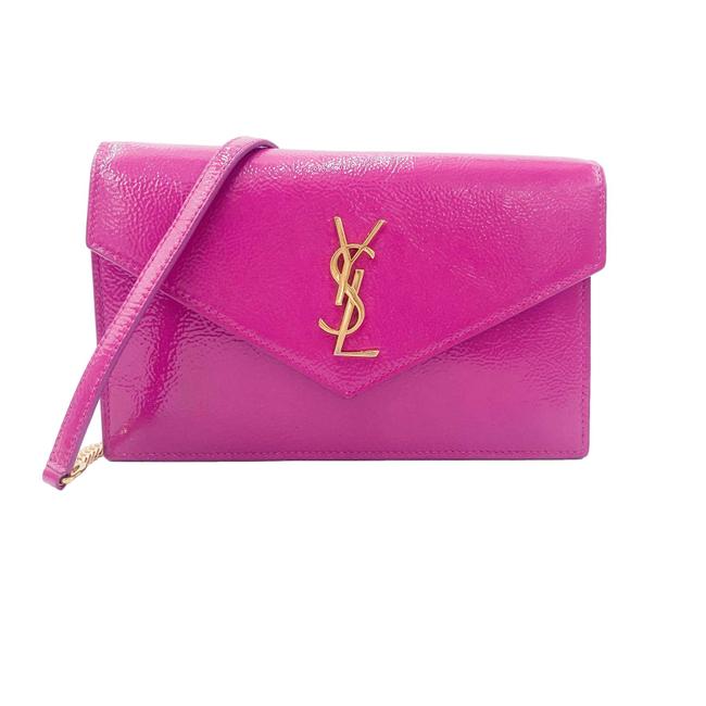 Saint Laurent Monogram Envelope Chain Wallet Textured Electric Pink Patent Leather Cross Body Bag
