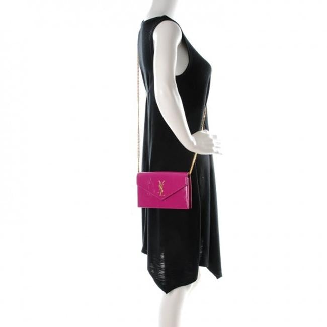 Saint Laurent Monogram Envelope Chain Wallet Textured Electric Pink Patent Leather Cross Body Bag