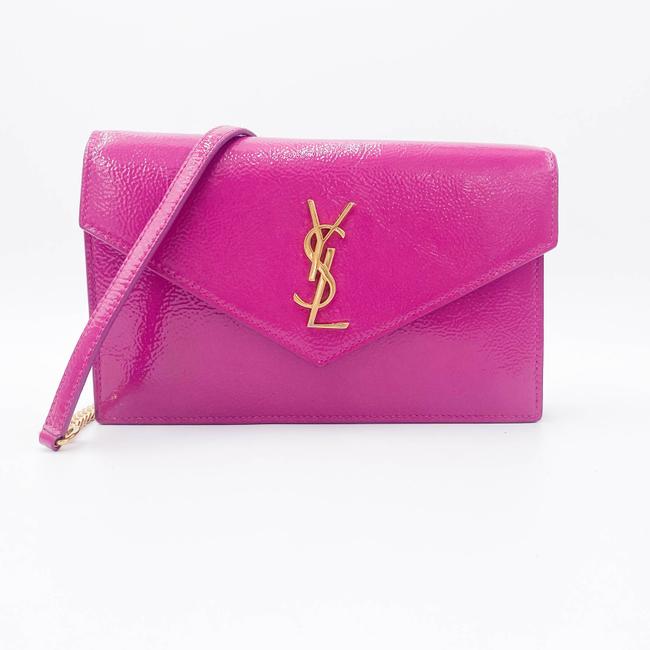 Saint Laurent Monogram Envelope Chain Wallet Textured Electric Pink Patent Leather Cross Body Bag