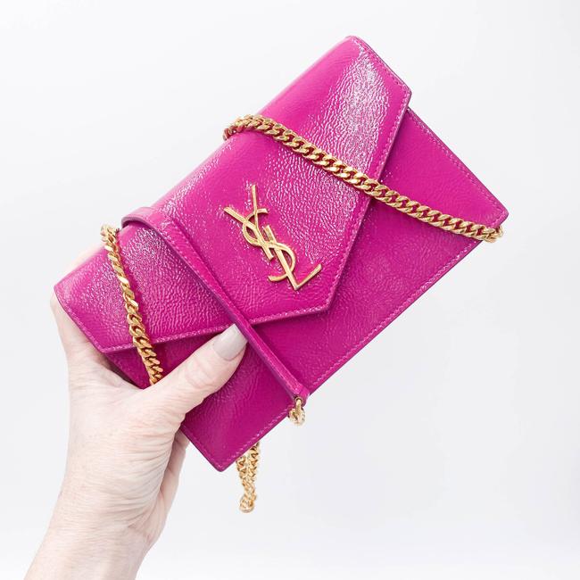 Saint Laurent Monogram Envelope Chain Wallet Textured Electric Pink Patent Leather Cross Body Bag