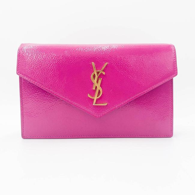 Saint Laurent Monogram Envelope Chain Wallet Textured Electric Pink Patent Leather Cross Body Bag
