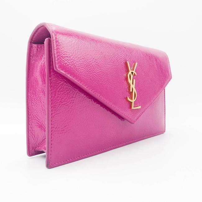 Saint Laurent Monogram Envelope Chain Wallet Textured Electric Pink Patent Leather Cross Body Bag