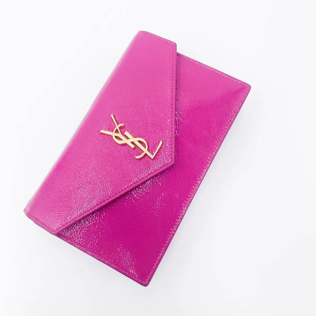 Saint Laurent Monogram Envelope Chain Wallet Textured Electric Pink Patent Leather Cross Body Bag