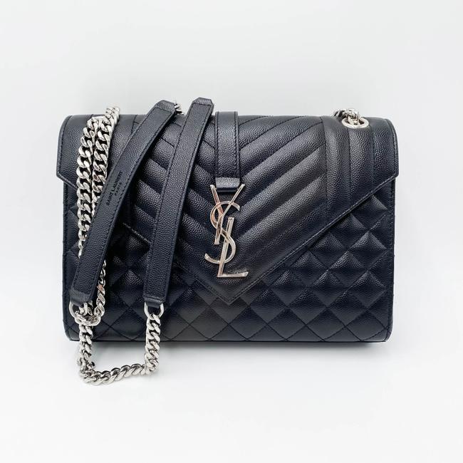Saint Laurent Monogram Envelope Grain De Poudre Textured Mixed Matelasse Medium Triquilt Black Leather Shoulder Bag