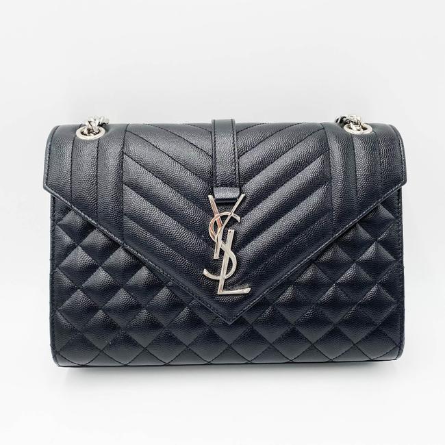 Saint Laurent Monogram Envelope Grain De Poudre Textured Mixed Matelasse Medium Triquilt Black Leather Shoulder Bag