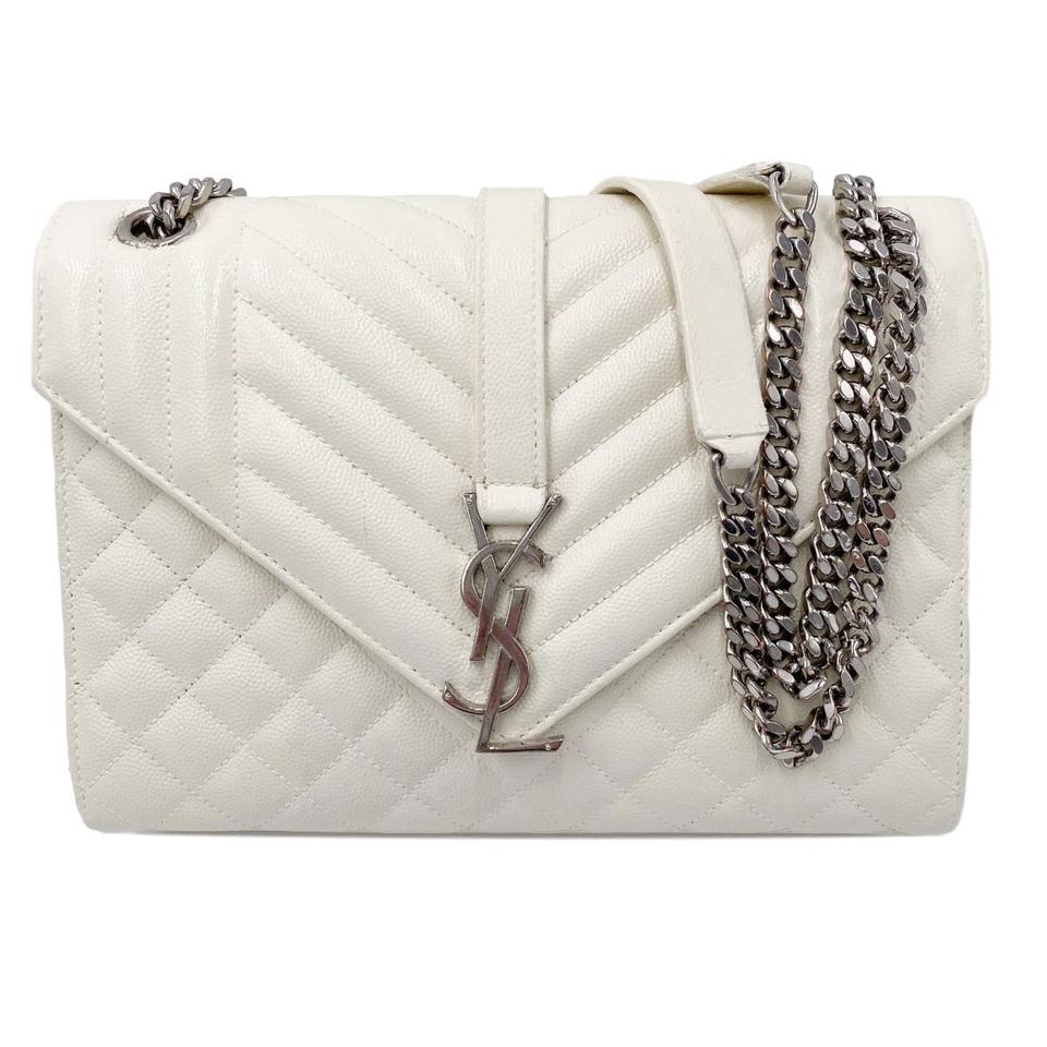 Saint Laurent Monogram Envelope Grain De Poudre Textured Mixed Matelasse Medium Triquilt Mono White Leather Shoulder Bag