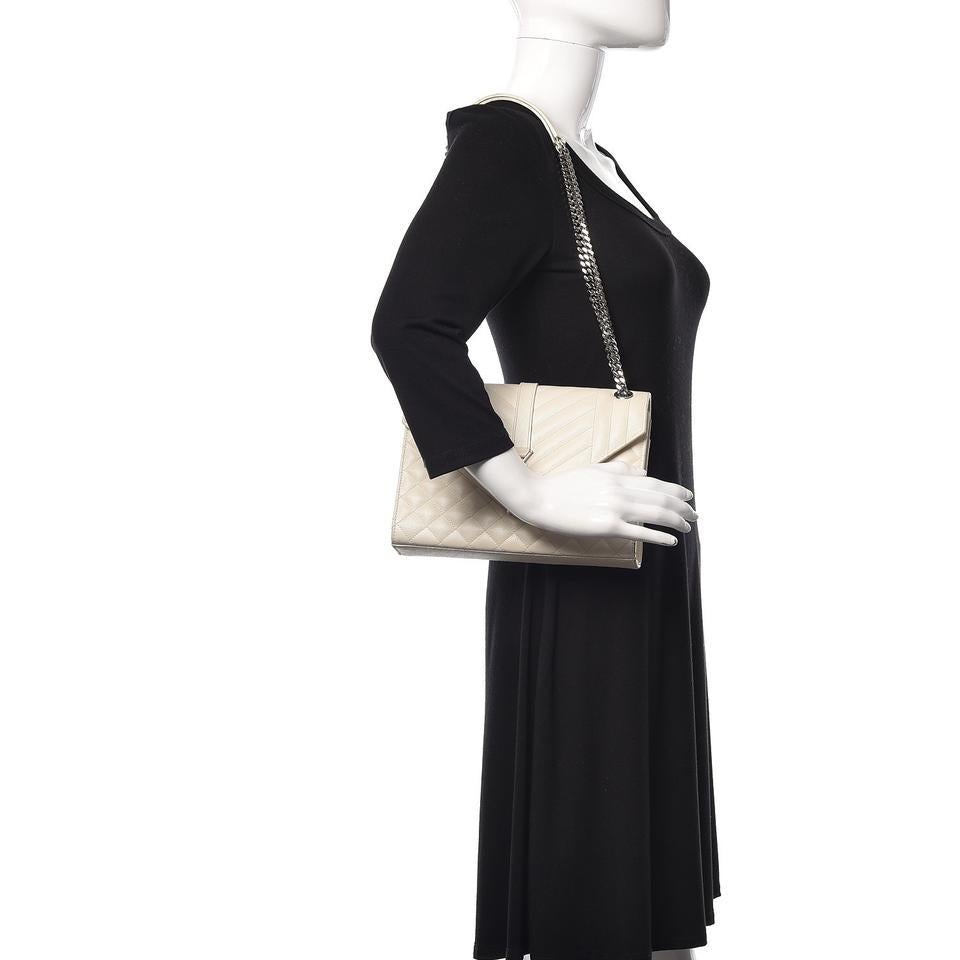 Saint Laurent Monogram Envelope Grain De Poudre Textured Mixed Matelasse Medium Triquilt Mono White Leather Shoulder Bag