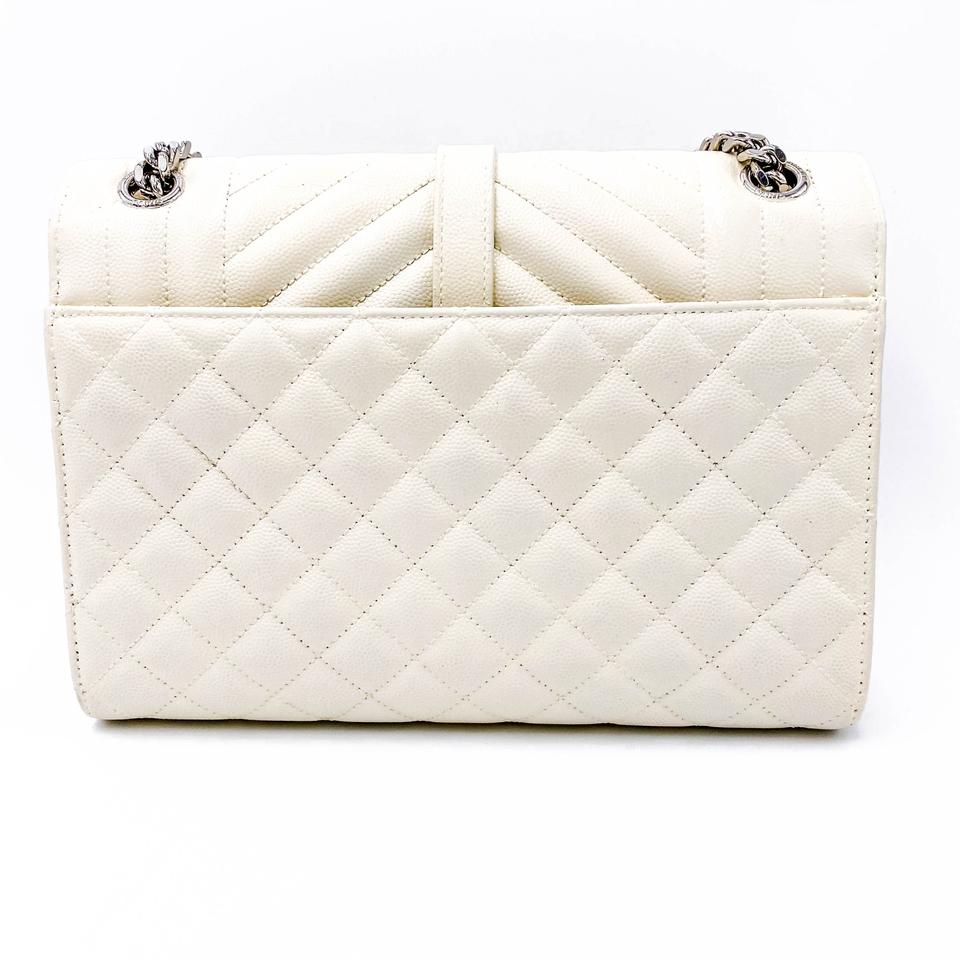 Saint Laurent Monogram Envelope Grain De Poudre Textured Mixed Matelasse Medium Triquilt Mono White Leather Shoulder Bag
