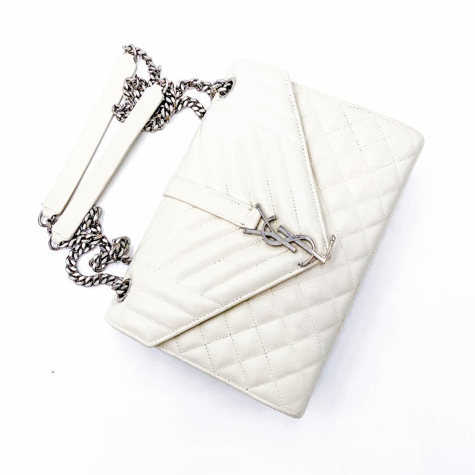 Saint Laurent Monogram Envelope Grain De Poudre Textured Mixed Matelasse Medium Triquilt Mono White Leather Shoulder Bag