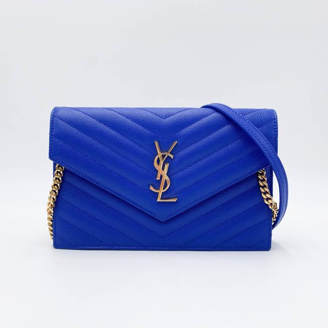 Saint Laurent Monogram Envelope Wallet on Chain Blue Calfskin Leather Shoulder Bag