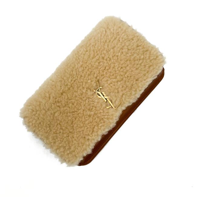Saint Laurent Monogram Envelope Ysl Shearling Phone Holder Brown Leather Cross Body Bag