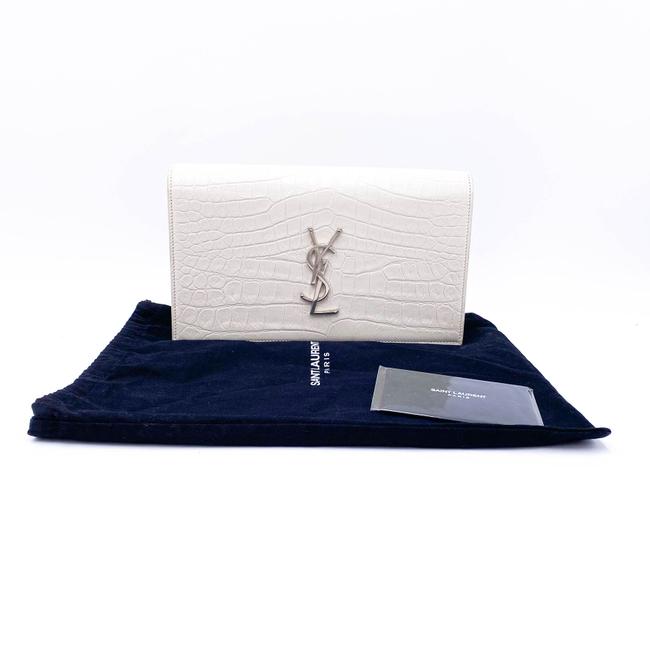 Saint Laurent Monogram Kate Calfskin Crocodile Embossed White Leather Clutch