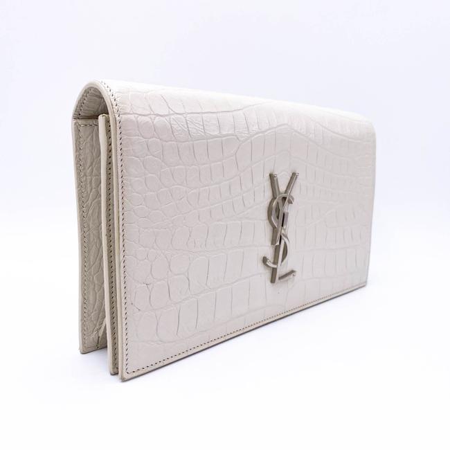 Saint Laurent Monogram Kate Calfskin Crocodile Embossed White Leather Clutch