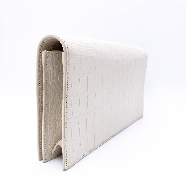 Saint Laurent Monogram Kate Calfskin Crocodile Embossed White Leather Clutch