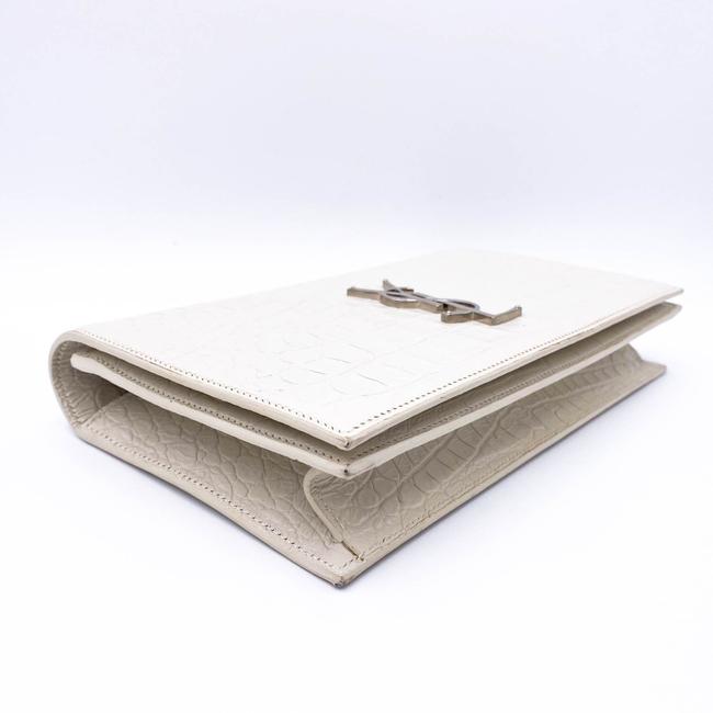Saint Laurent Monogram Kate Calfskin Crocodile Embossed White Leather Clutch