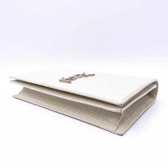 Saint Laurent Monogram Kate Calfskin Crocodile Embossed White Leather Clutch
