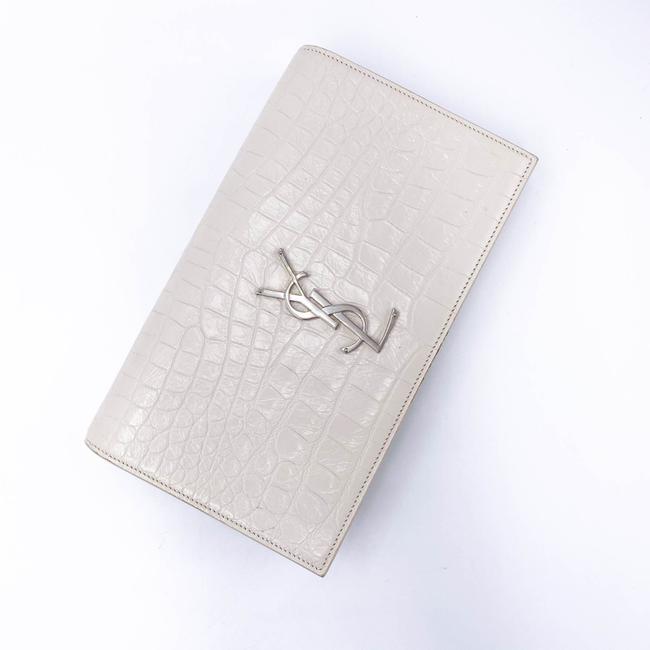 Saint Laurent Monogram Kate Calfskin Crocodile Embossed White Leather Clutch