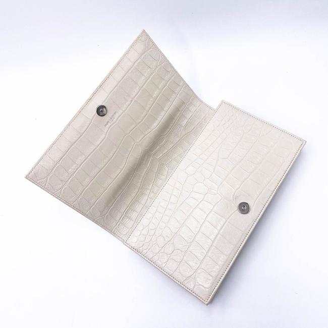 Saint Laurent Monogram Kate Calfskin Crocodile Embossed White Leather Clutch