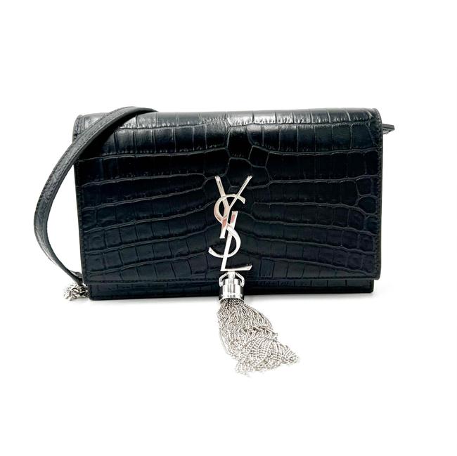 Saint Laurent Monogram Kate Chain Wallet Croc Embossed Monogram Tassel Black Calfskin Leather Shoulder Bag