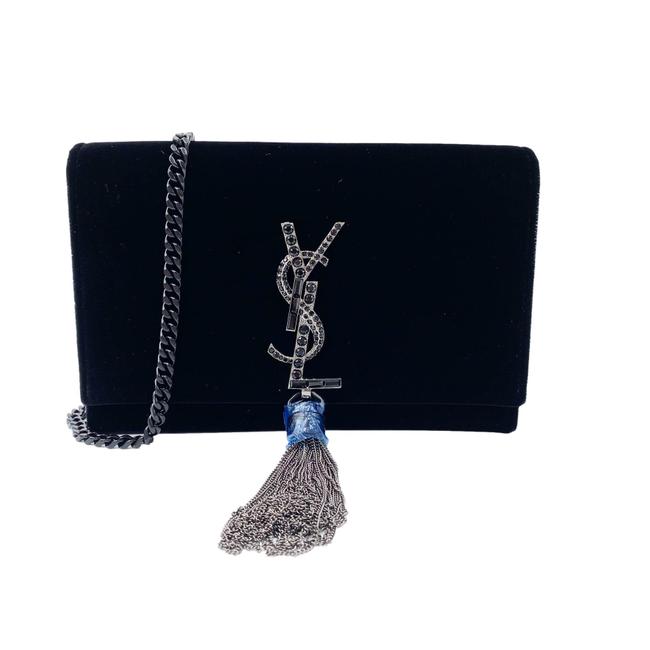 Saint Laurent Monogram Kate Chain Wallet Crystal Tassel Black Velvet Shoulder Bag