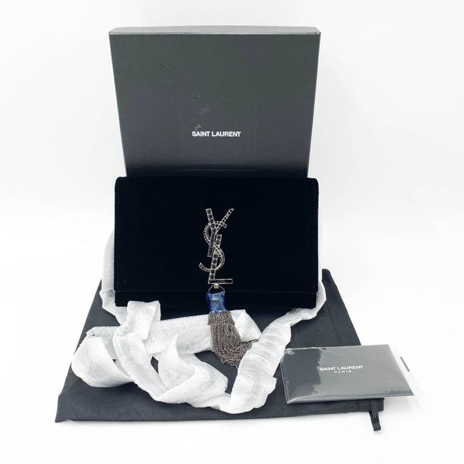 Saint Laurent Monogram Kate Chain Wallet Crystal Tassel Black Velvet Shoulder Bag