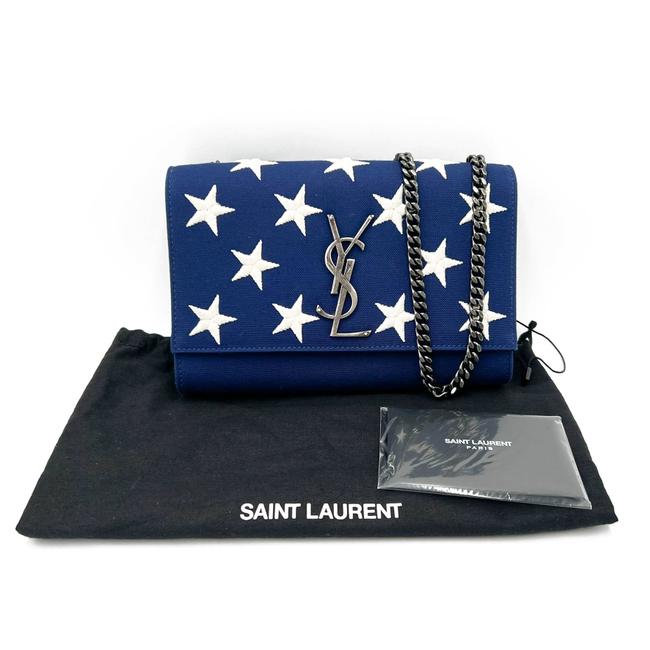Saint Laurent Monogram Kate Embroidered Stars Small Satchel Bianco Blue Canvas Shoulder Bag