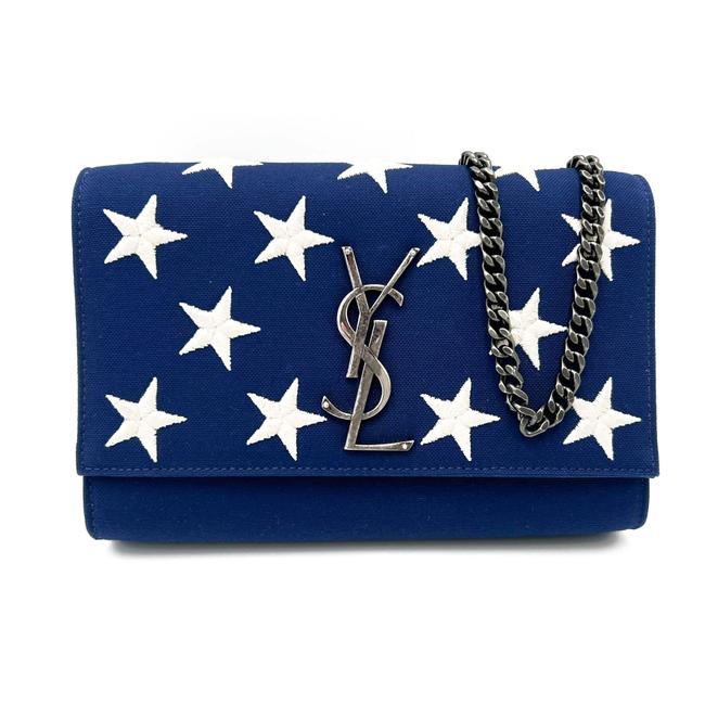 Saint Laurent Monogram Kate Embroidered Stars Small Satchel Bianco Blue Canvas Shoulder Bag